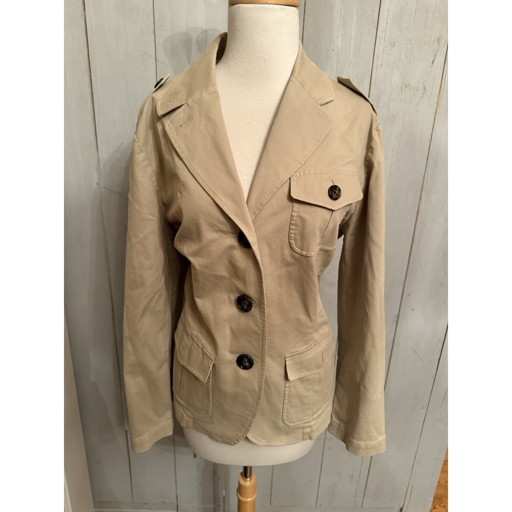 Talbots Stretch Jacket Button Up Blazer with Pockets Khaki Cargo Tan Women Sz-14